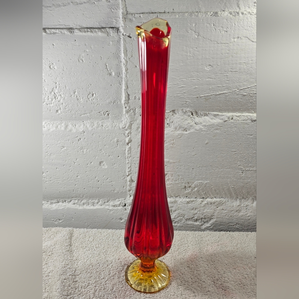LE Smith Amberina Glass Swung Footed Vase Vintage Retro 15.5"